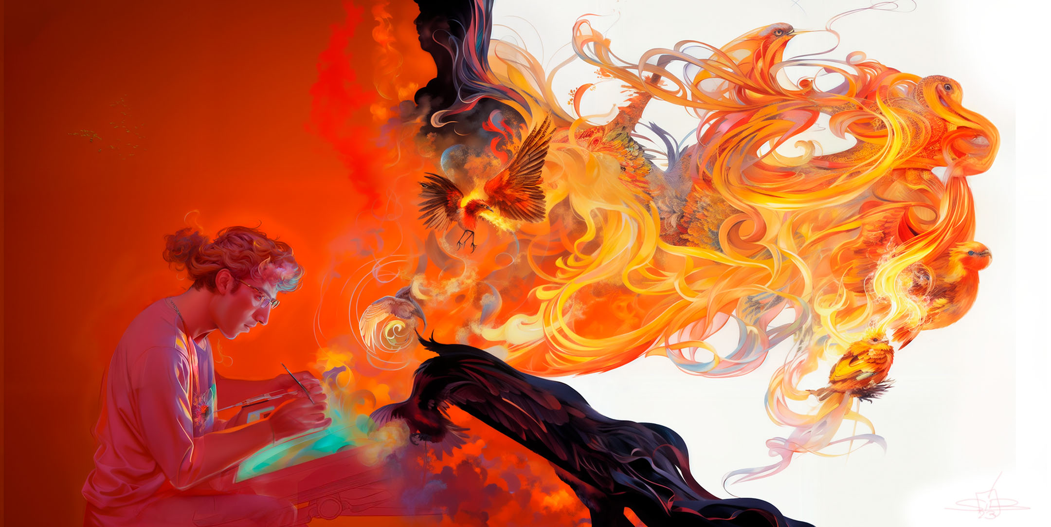 Illustration par IA de Pascal Sibertin : l'artiste au dessin d'où jaillissent des créatures de feu